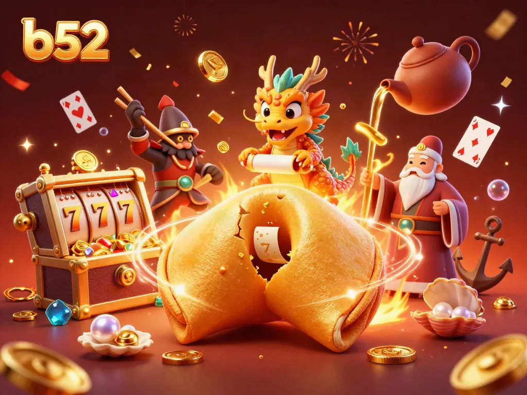 Engage with the thrilling b52 casino atmosphere featuring a dragon and fortune cookie.