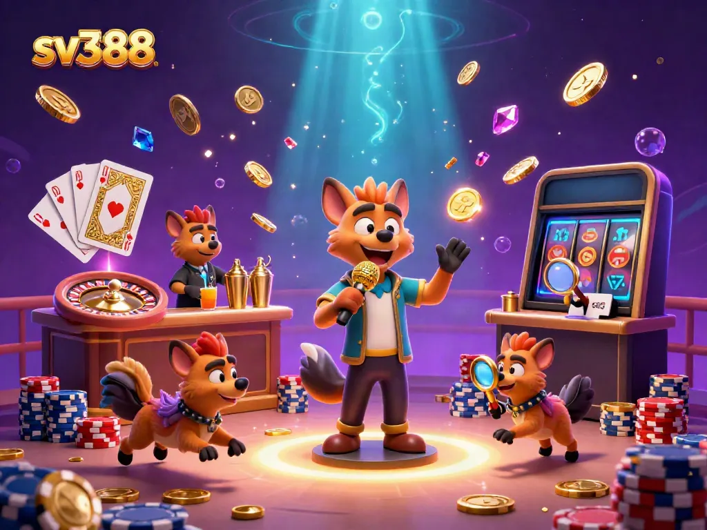 Experience sv388's thrilling cockfighting ambiance animated with golden coins, vibrant casino elements, and hyena characters.