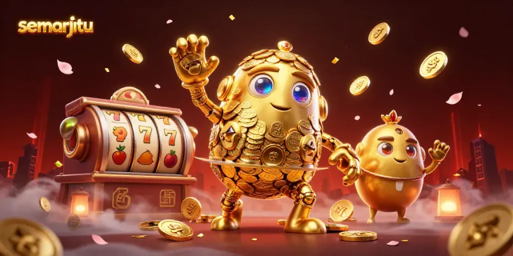 Semarjitu menggoda dengan golem emas dan slot mesin yang berputar, menciptakan suasana permainan yang beruntung.
