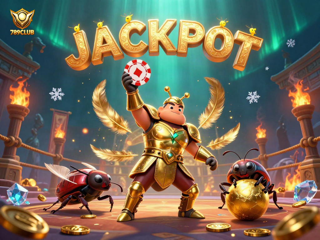 Engaging 789CLUB illustration featuring a victorious beetle with poker chips and jackpot celebration.
