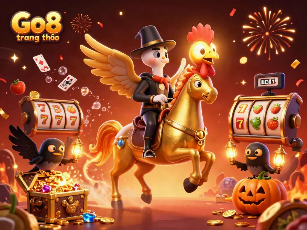 Experience the vibrant Go8 trang chủ with a thrilling golden rooster and crow companions in an exciting casino scene.