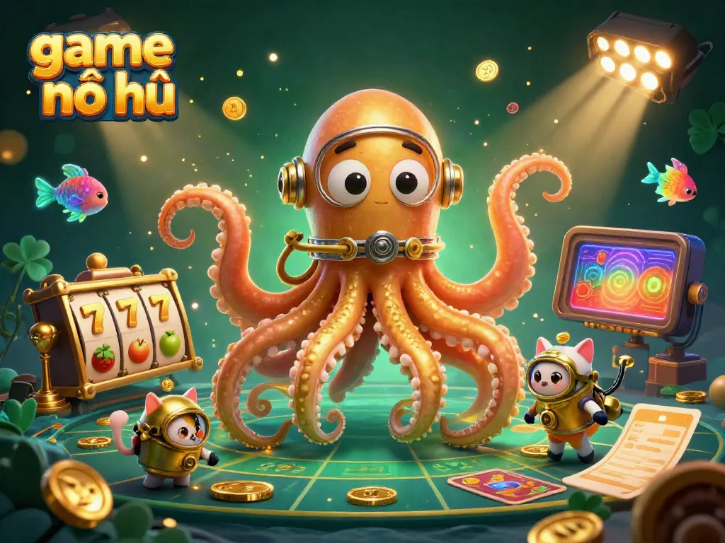 Experience the excitement of game nổ hũ with a colossal kraken and dynamic elements in a vibrant casino setting.
