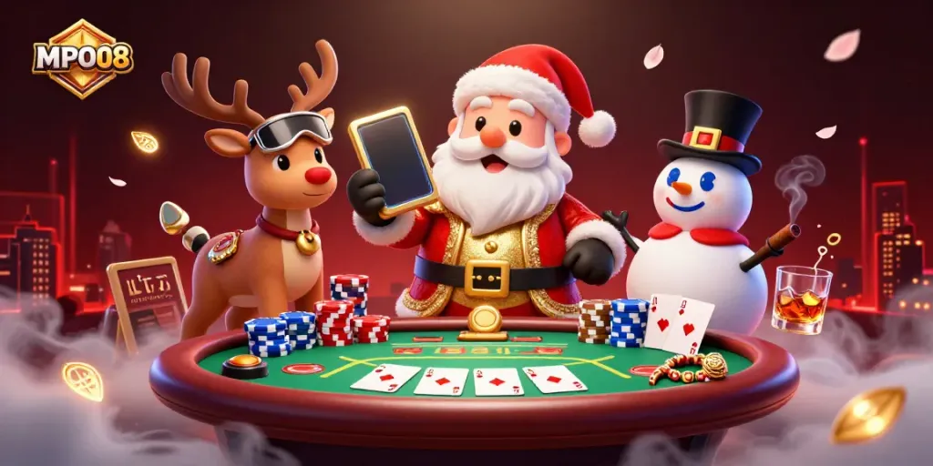 MPO08 highlights a festive casino scene with Santa and friends, engaging in jackpot slots.