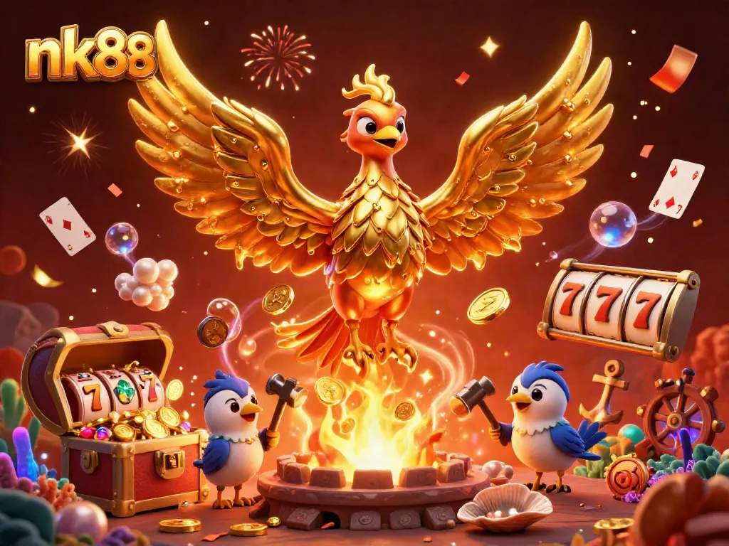 nk88 showcases thrilling slot adventures with a golden phoenix amidst bursting treasures and festive elements.