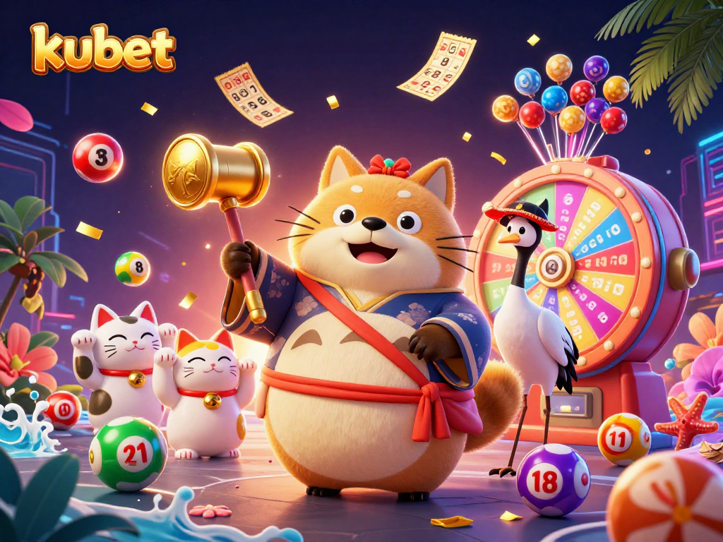 Engage with kubet through fun lottery themes, featuring a cheerful tanuki and lucky elements.