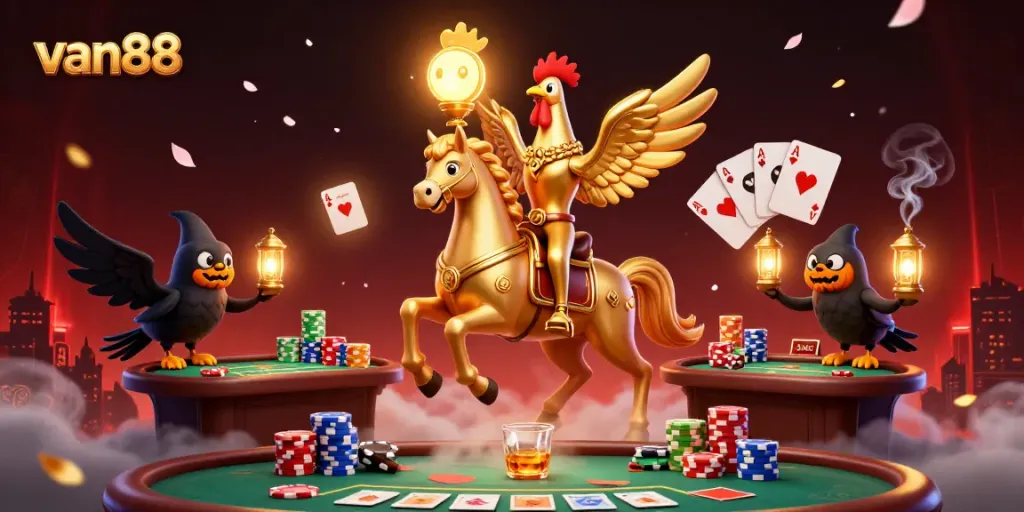 Experience van88's thrilling casino atmosphere with a golden rooster and pumpkin crow companions in action.