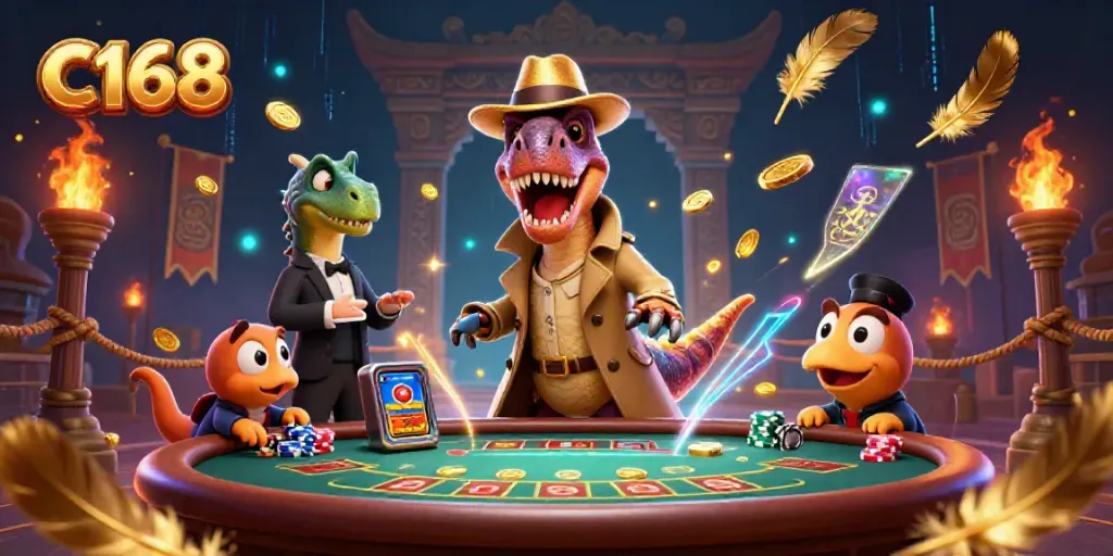 Experience thrilling blackjack action as C168's velociraptor card counter blends in.