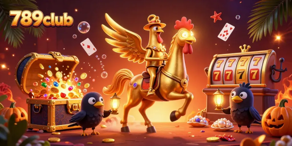 Engage with 789club through a lively casino scene featuring a golden rooster and vibrant elements.