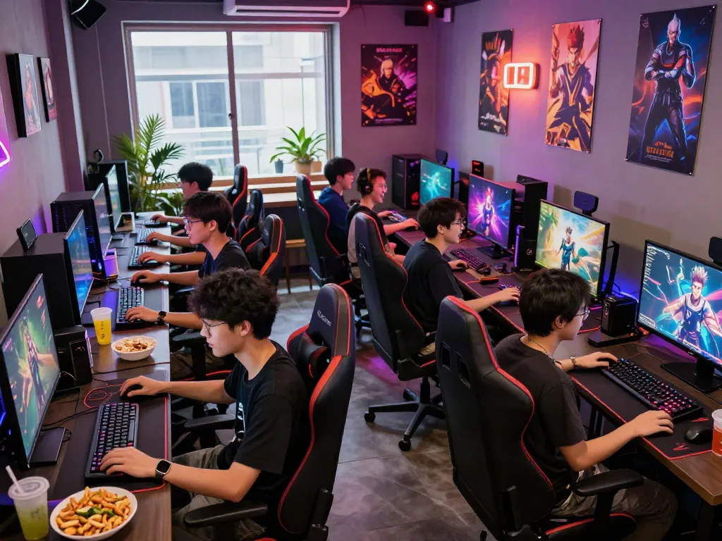Dynamic gaming scene at a café showcasing warung168 community engagement.
