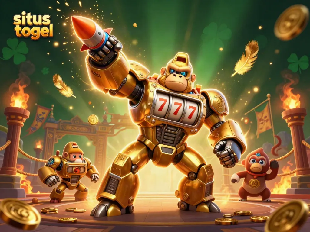 Experience fun with situs togel in a vibrant 3D scene of a golden gorilla mech.