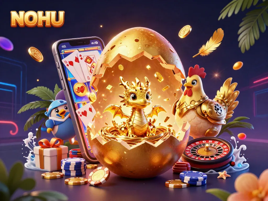 NOHU presents a golden dragon and poker chips amidst vibrant slot game elements, emphasizing thrilling jackpots.