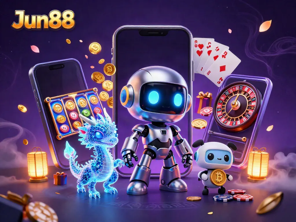 Experience thrilling gaming with Jun88 featuring a cyberpunk robot, holographic dragon, and cryptocurrency drone.