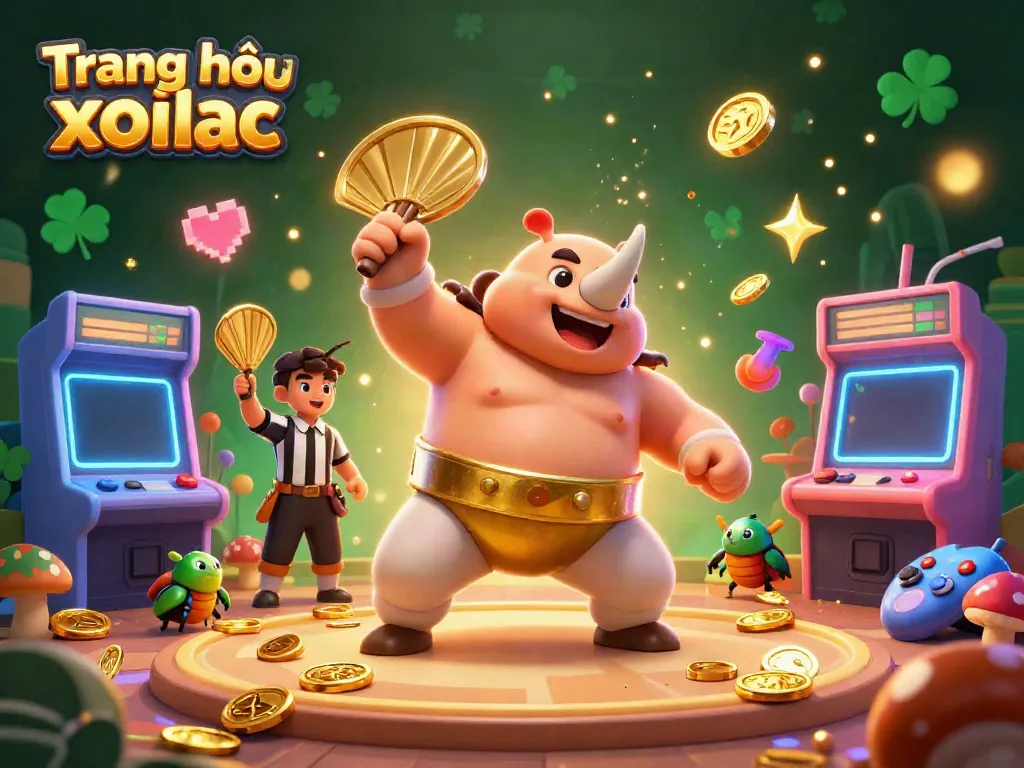 Experience the thrill of Trang chủ xoilac as a sumo beetle champion sends flying coins, amidst vibrant arcade elements.