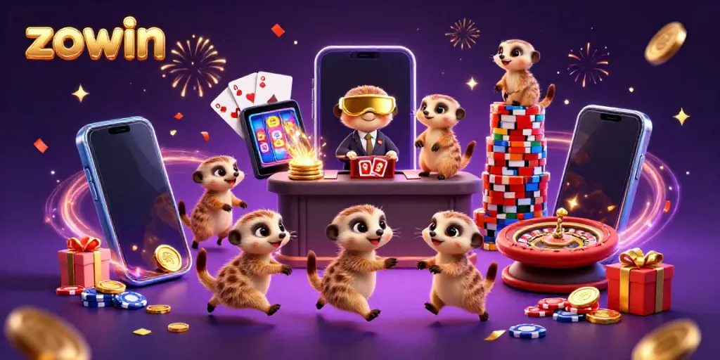 Experience dynamic gaming action at Zowin Casino with adorable meerkats showcasing vibrant casino activities.