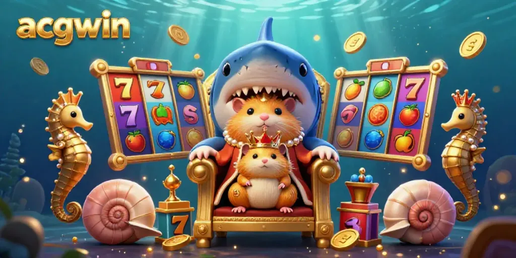 Experience thrilling gaming action at acgwin with a vibrant 3D illustration featuring a hamster king on a shark throne, surrounded by slot machines and joyous gameplay.