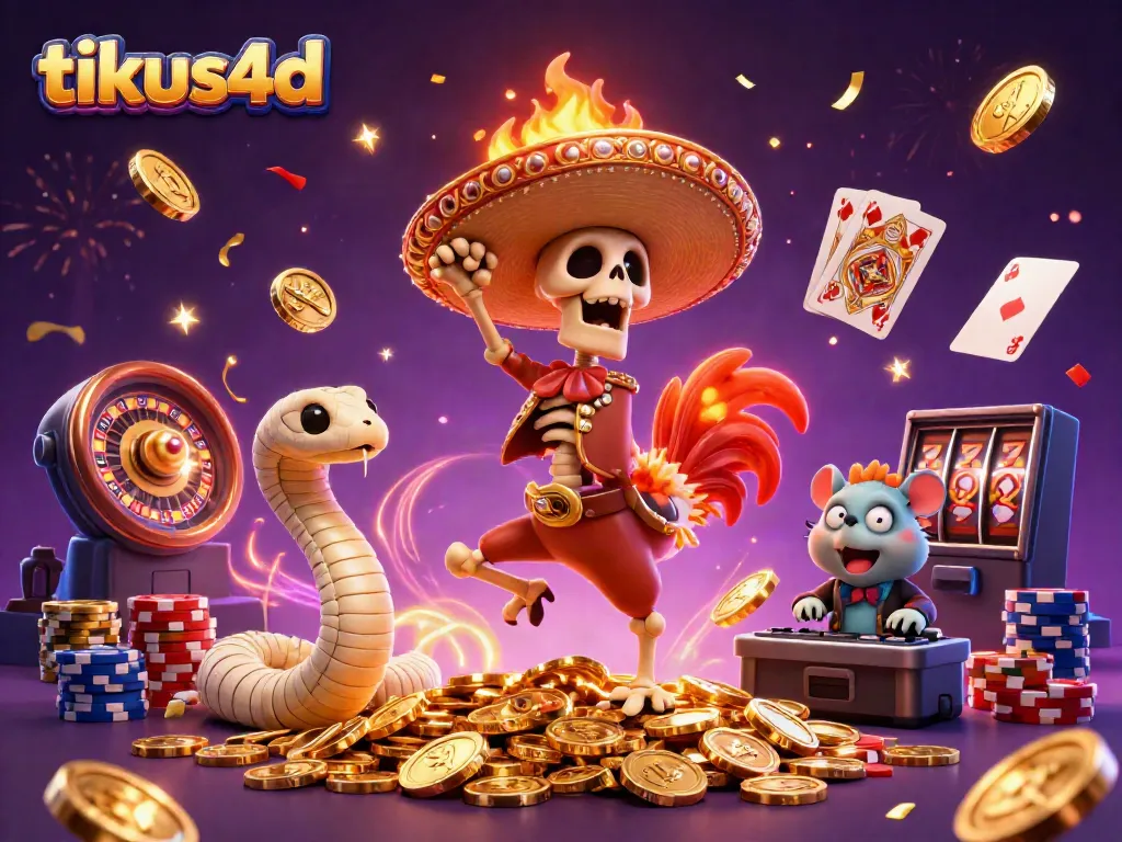 Gambaran meriah dengan tikus4d, ayam kerangka mariachi, ular mummy, dan hamster zombie DJ di kasino.