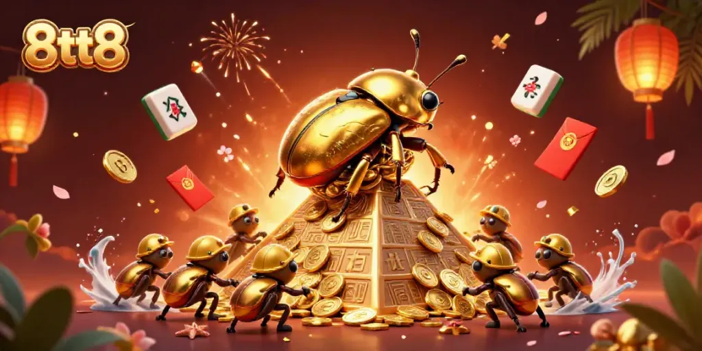 Join the excitement of 8tt8's casino world with vibrant golden beetles and festive gaming elements.