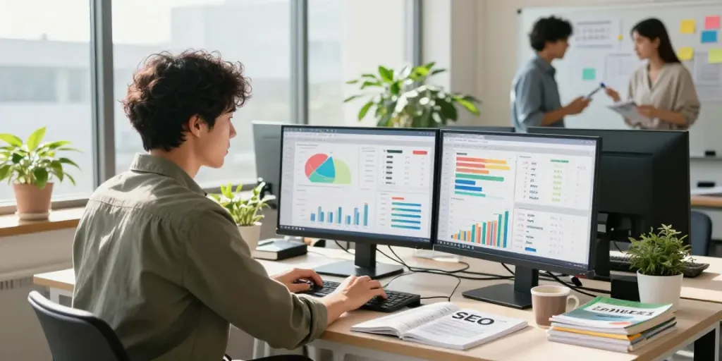 Marketing manager analyzing data and strategies for UploadArticle.com in a vibrant office.