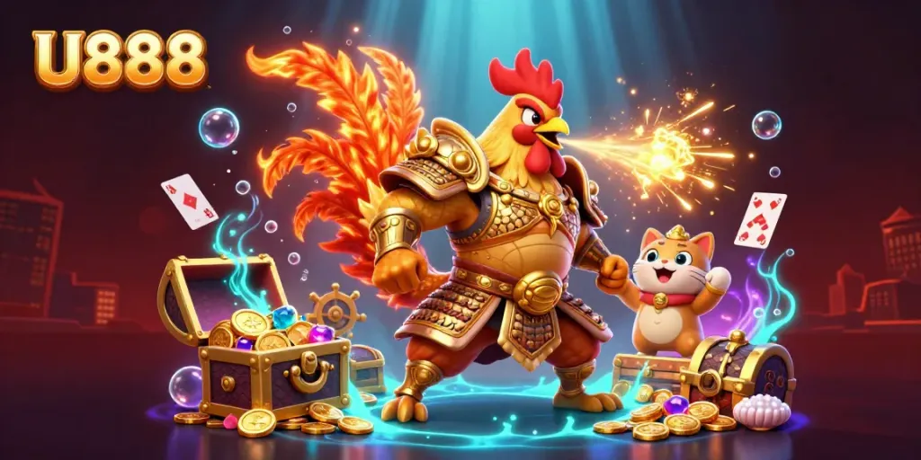 Experience thrilling gameplay with U888 in a vibrant 3D illustration featuring a rooster warrior and dragon hatchling.