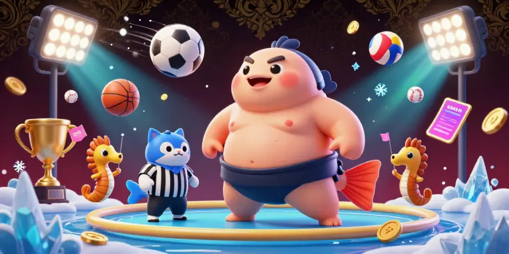 Engage in the thrilling world of 99ok with a vibrant underwater casino scene featuring a puffed-up fugu, a catfish referee, and dynamic sports elements.