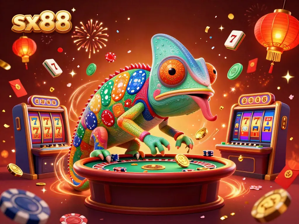 Experience the vibrant and dynamic world of sx88 casino gaming with colorful chameleons and lively celebrations.