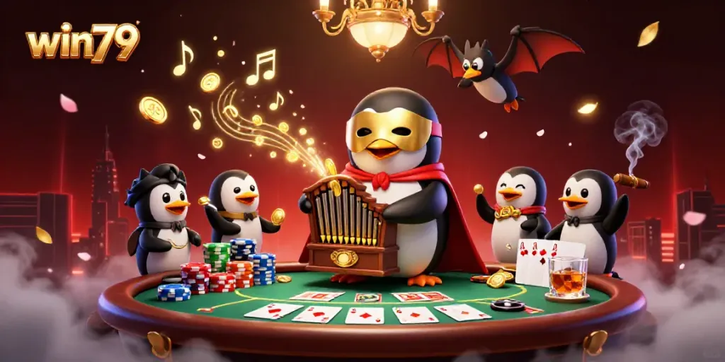 Experience the excitement of win79 with a vibrant 3D casino scene featuring a playful phantom penguin and dynamic poker action.