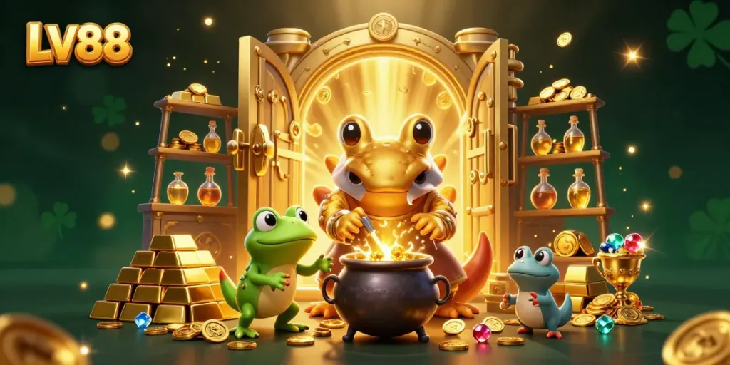 LV88 showcases an alchemist turning base metals into gold, surrounded by gems and riches in a vibrant, magical scene.