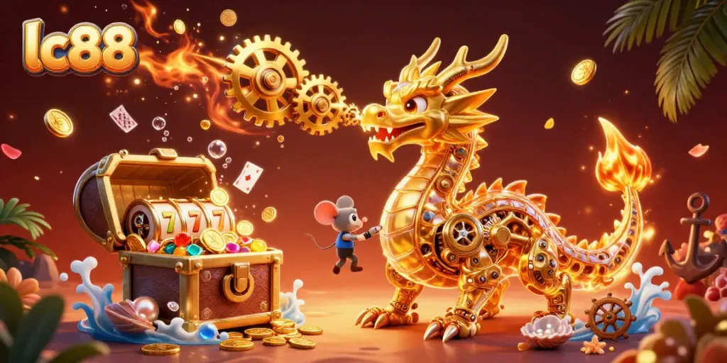 Experience lc88 with a 3D dragon in a vibrant casino-themed adventure featuring gold coins and slot elements