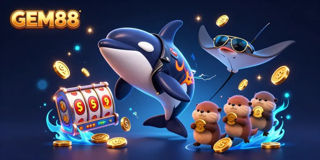 Experience thrilling wins at GEM88 with vibrant 3D characters in a colorful casino-themed scene.