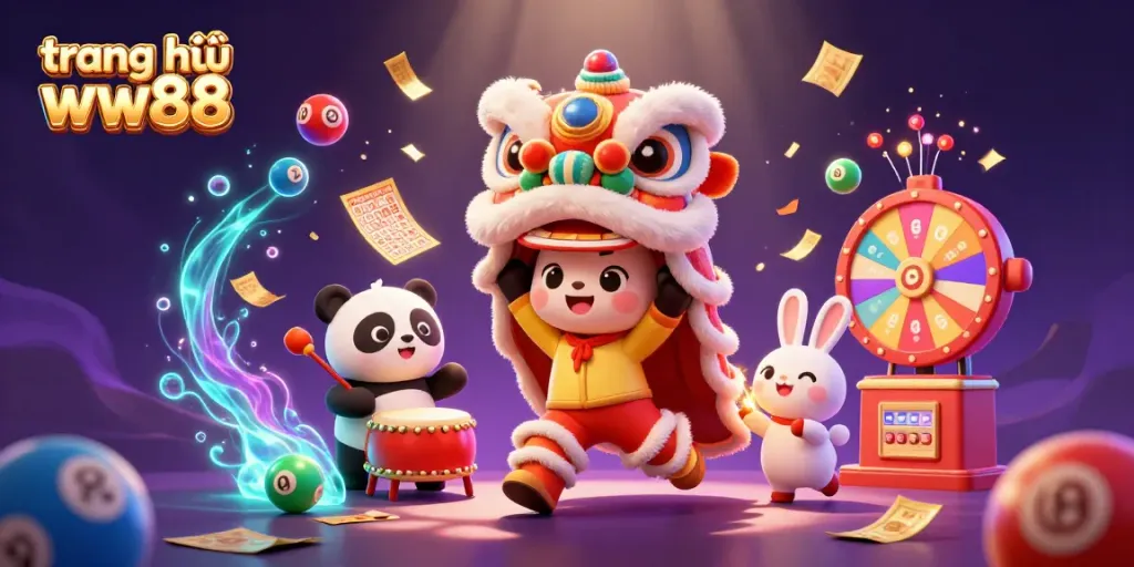 Engage with the vibrant promotions at trang chủ ww88, featuring a lively lion dance surrounded by dynamic lottery elements.