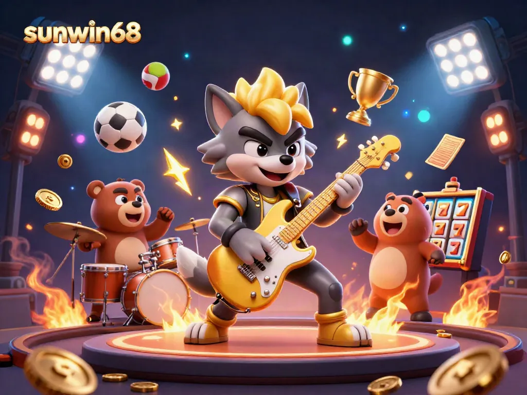 Experience the vibrant sunwin68 casino with a cartoon wolf rock star and dynamic gaming elements.