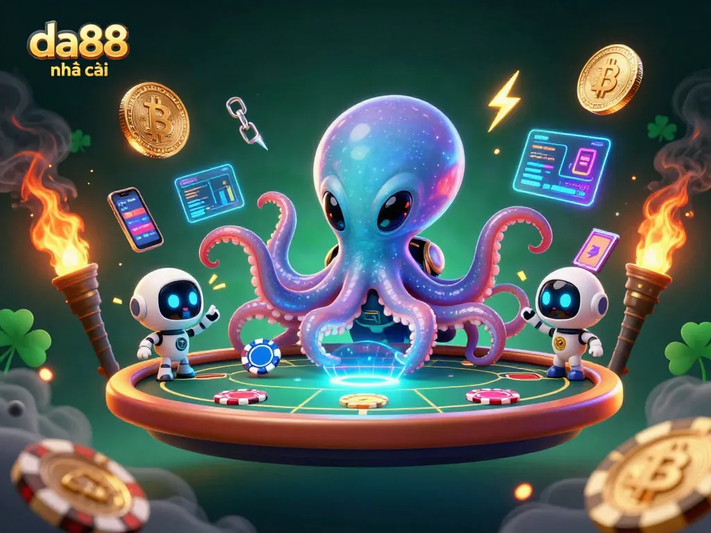 Engaging scene of the da88 nhà cái alien octopus mastering an exciting poker game with futuristic crypto elements.