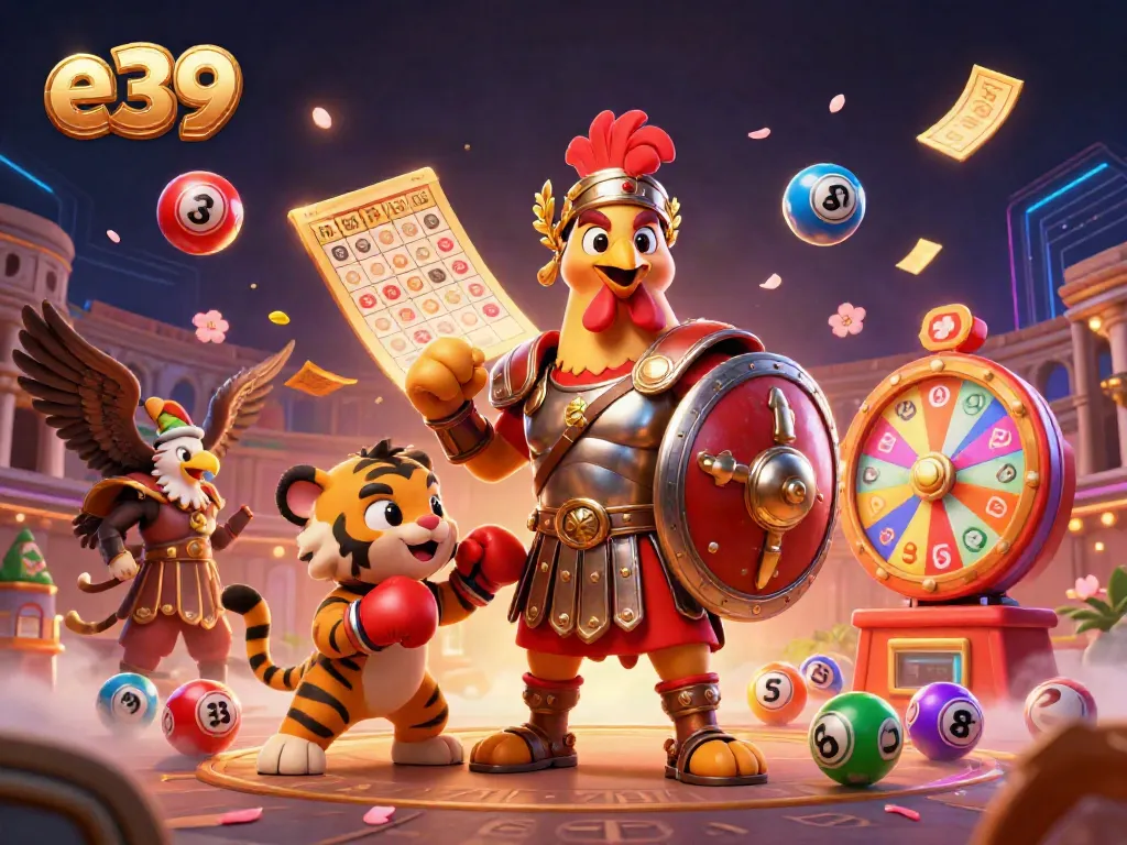 E39’s vibrant casino scene showcases a glimmering rooster warrior amidst colorful lottery elements, enhancing the gaming experience.