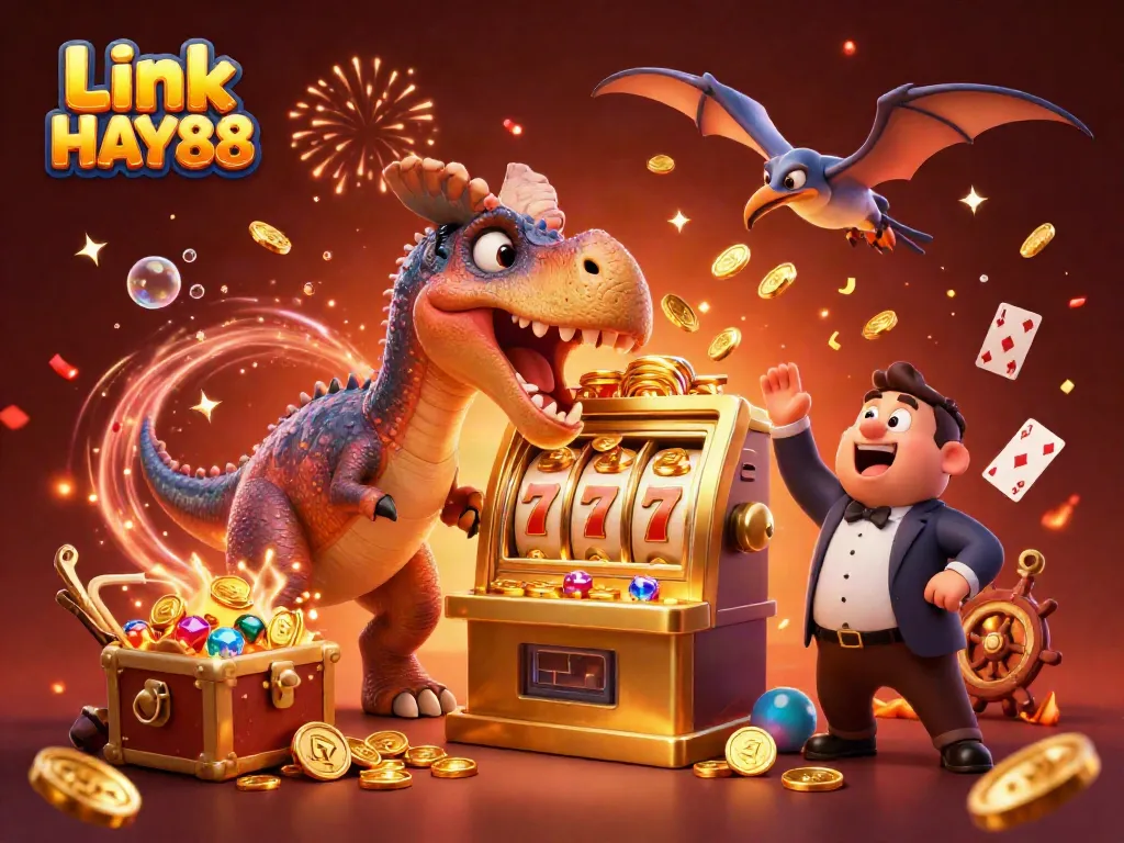 Link HAY88 showcases a dynamic casino scene with dinosaurs at a golden slot machine, creating excitement.