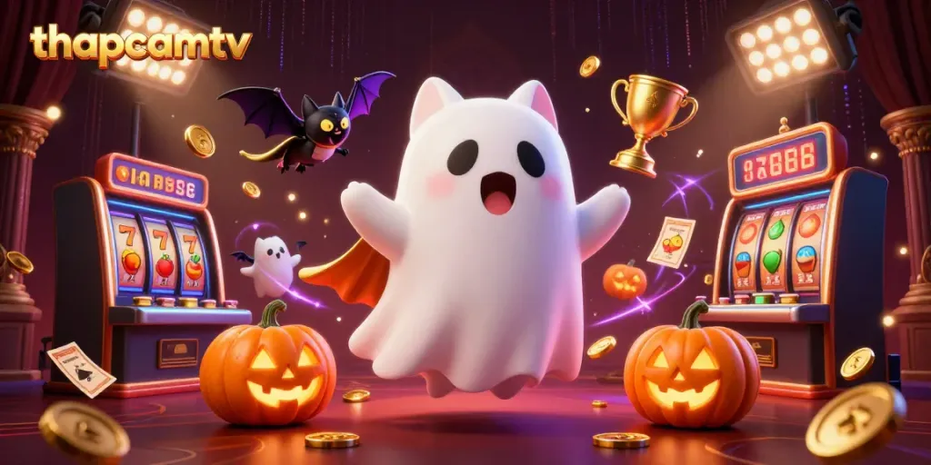 Thapcamtv ghost cat and vampire bat celebrate slots and jackpots in a haunted casino.