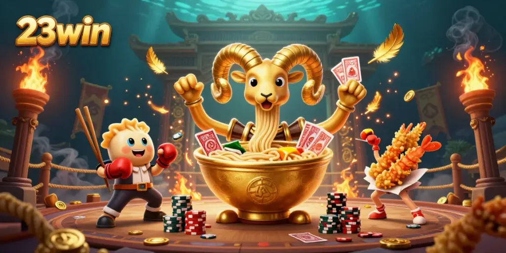 Participate in the excitement with 23win's colorful casino scene featuring characters and gaming elements.