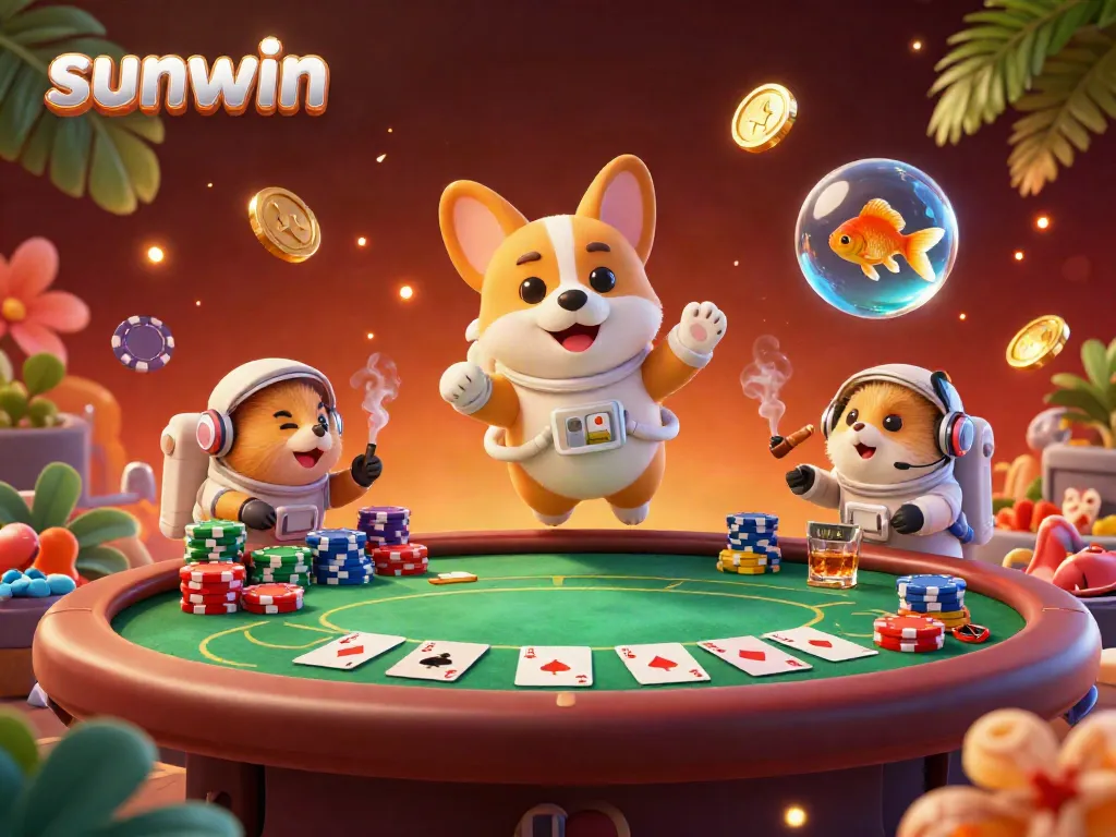 Sunwin's vibrant casino scene featuring a playful astronaut corgi amid floating poker chips.
