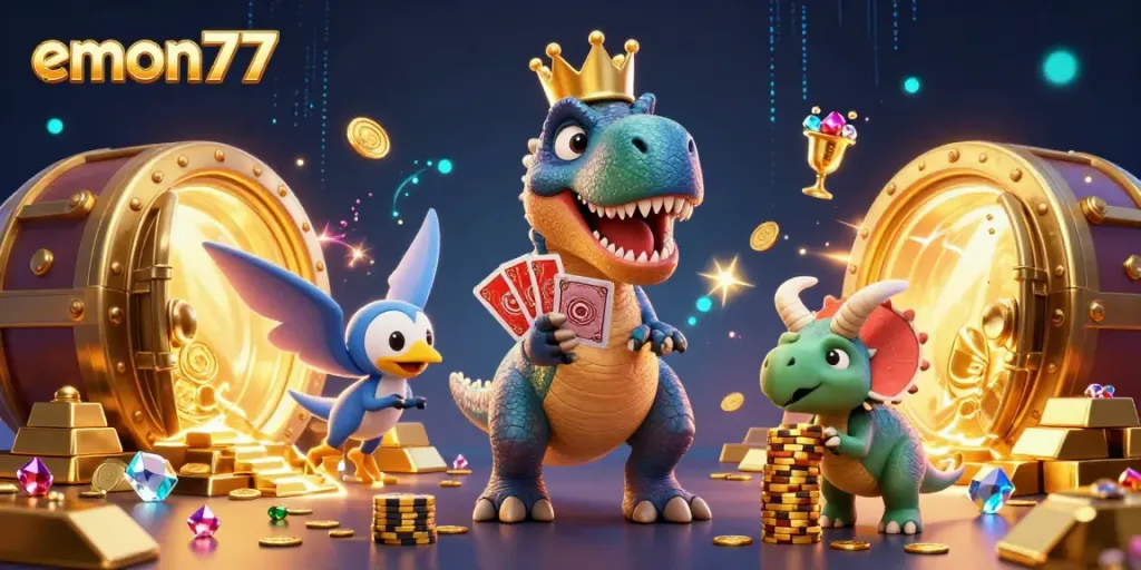 Experience excitement at emon77 with a vibrant 3D scene featuring playful dinosaurs in a casino-themed setting with golden treasures.