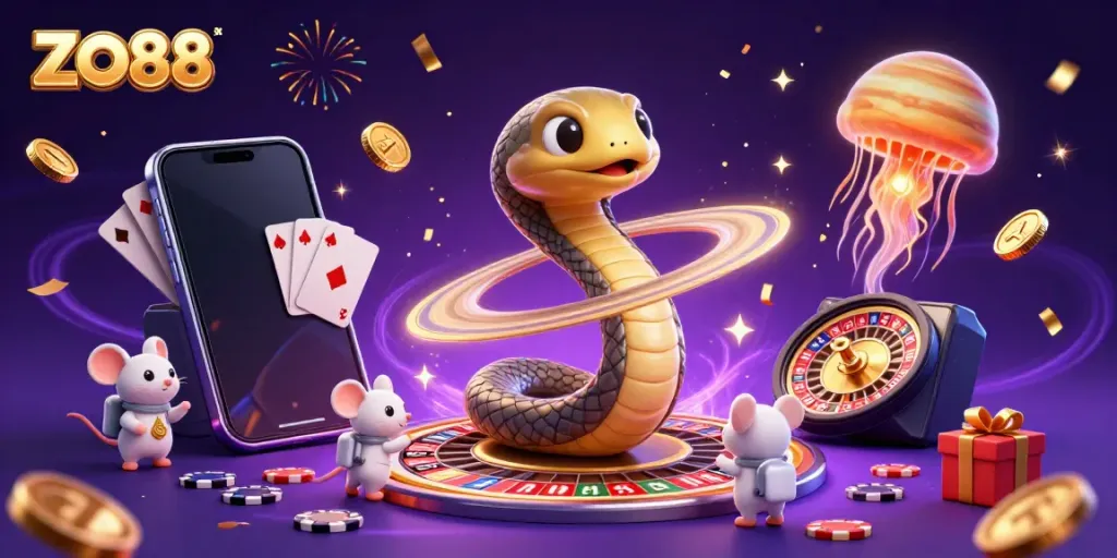 Experience thrilling gameplay at ZO88 with a vibrant casino scene featuring playful characters and rich game elements.