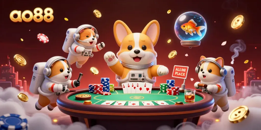 Experience casino fun with ao88 in a dynamic scene featuring a floating astronaut corgi amidst poker elements.