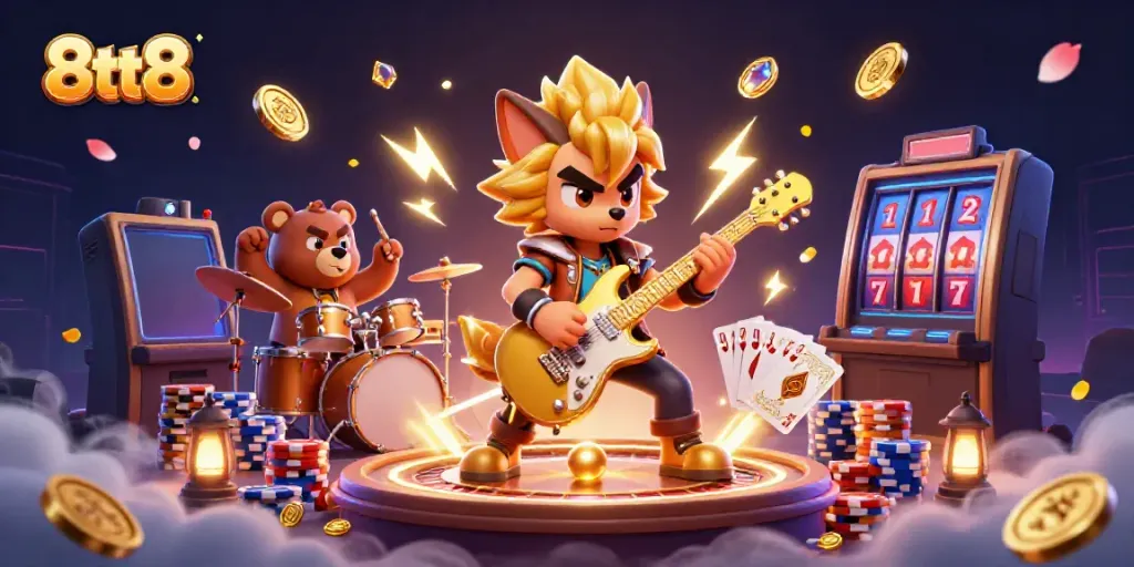 Engage the excitement of 8tt8 with a dynamic casino atmosphere showcasing gold coins and vibrant game elements.