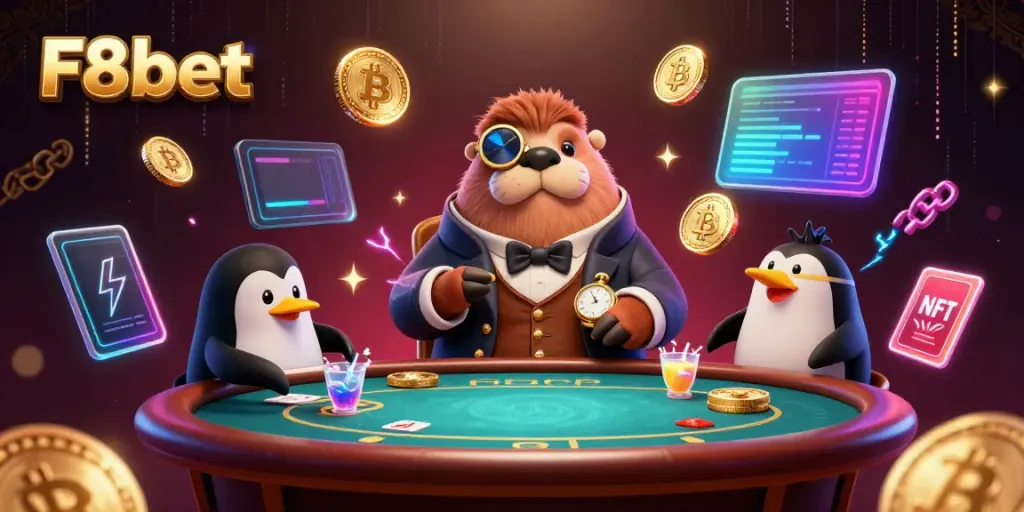 Experience thrilling gameplay at F8bet with an underwater poker scene featuring a charming walrus and crypto elements.
