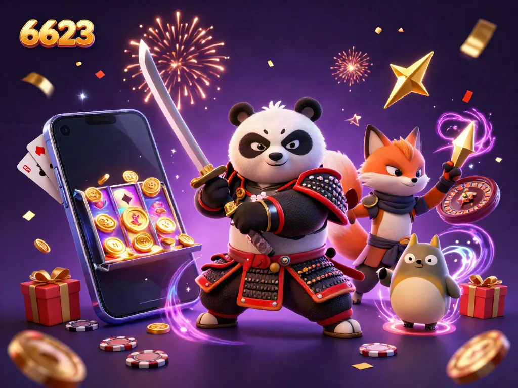 Experience thrilling gameplay with 6623 featuring a samurai panda and ninja fox amidst casino excitement.
