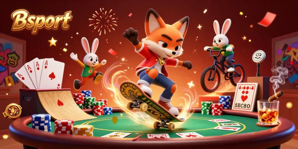 Experience the excitement of Bsport with animated characters in a vibrant casino-themed scene packed with dynamic action.