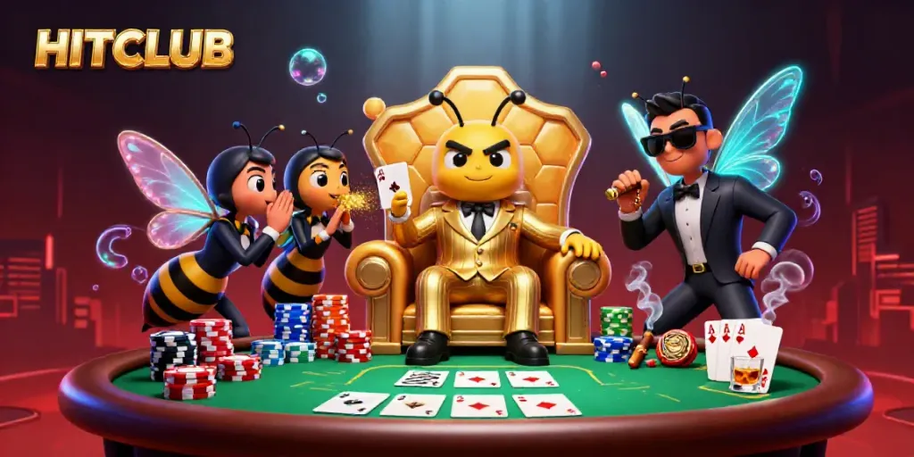 Engage in thrilling gameplay with HITCLUB's vibrant 3D casino illustration featuring poker elements and animated characters.