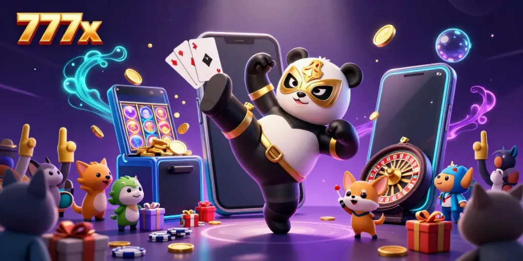 Catch breathtaking action at 777x with a panda wrestler in a kick, surrounded by casino excitement