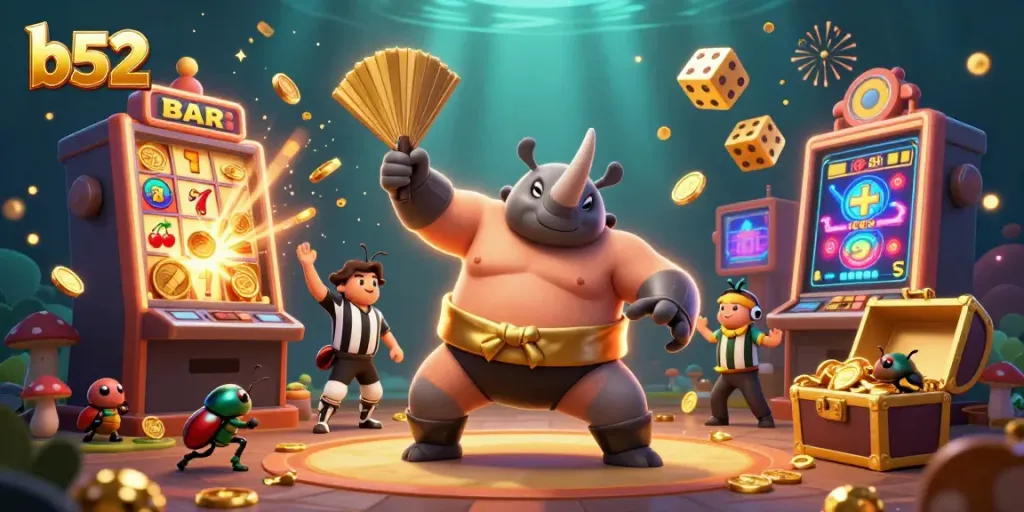 Engage in thrilling b52 gaming as cartoon characters burst with excitement amidst coins and jackpots.