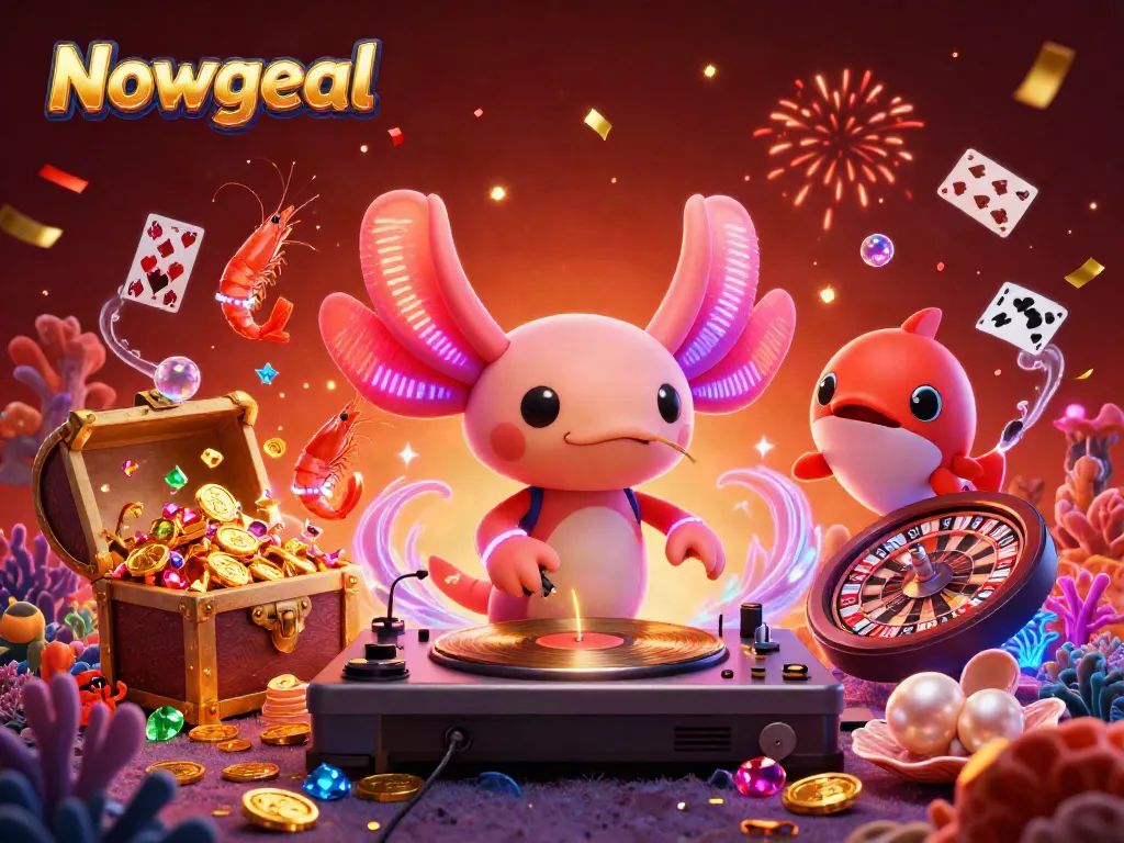 Engaging Nowgoal-themed underwater casino scene featuring a DJ axolotl with vibrant colors, surrounded by unique gambling elements.