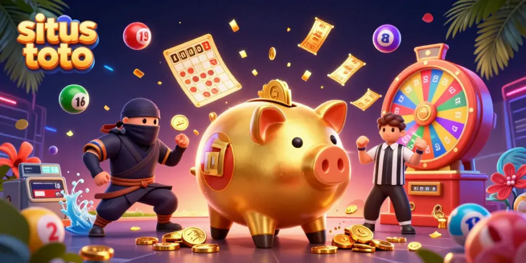 Engage with situs toto in vibrant 3D casino action, featuring a golden piggy bank sumo wrestler and dynamic gaming elements.
