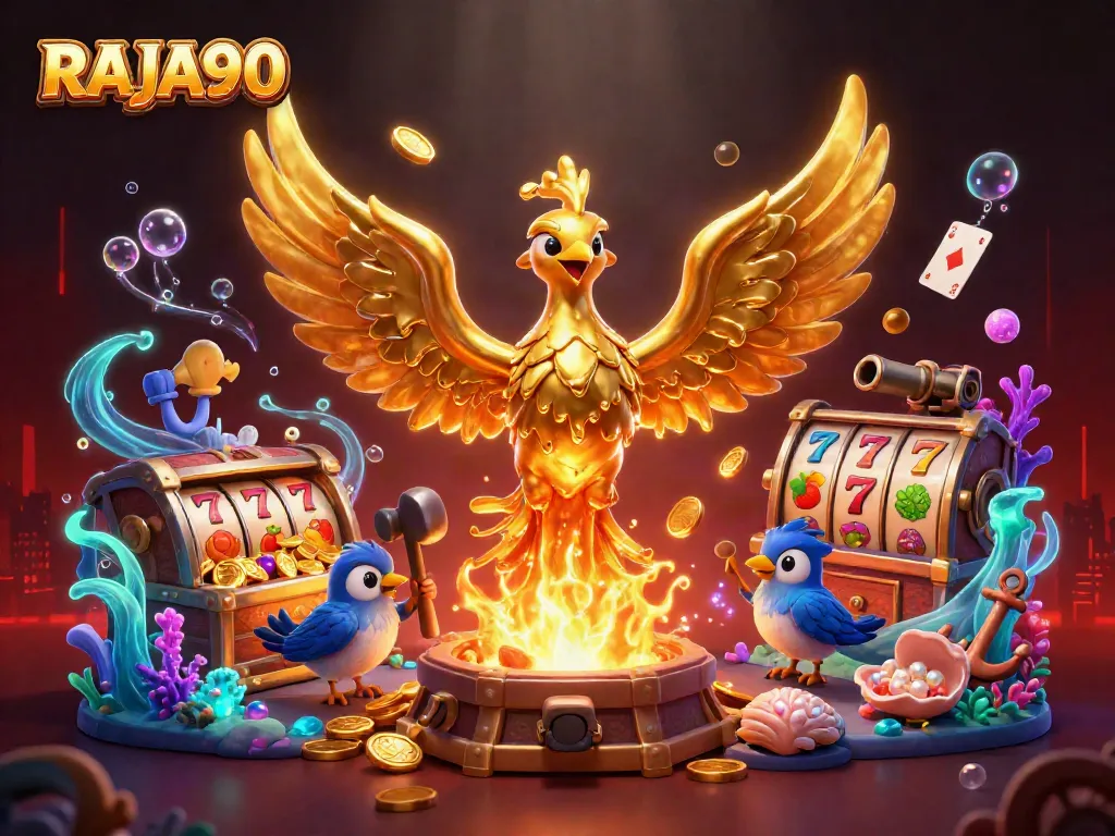 Engage with RAJA90's thrilling casino world featuring vibrant slot action and golden phoenix.